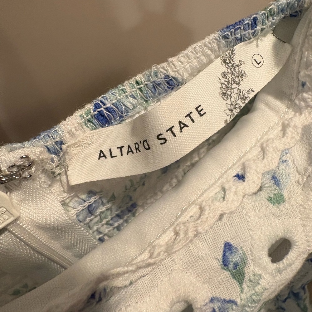 Altard State White Dress with Blue Floral Print Spaghetti Straps - Picture 3 of 3